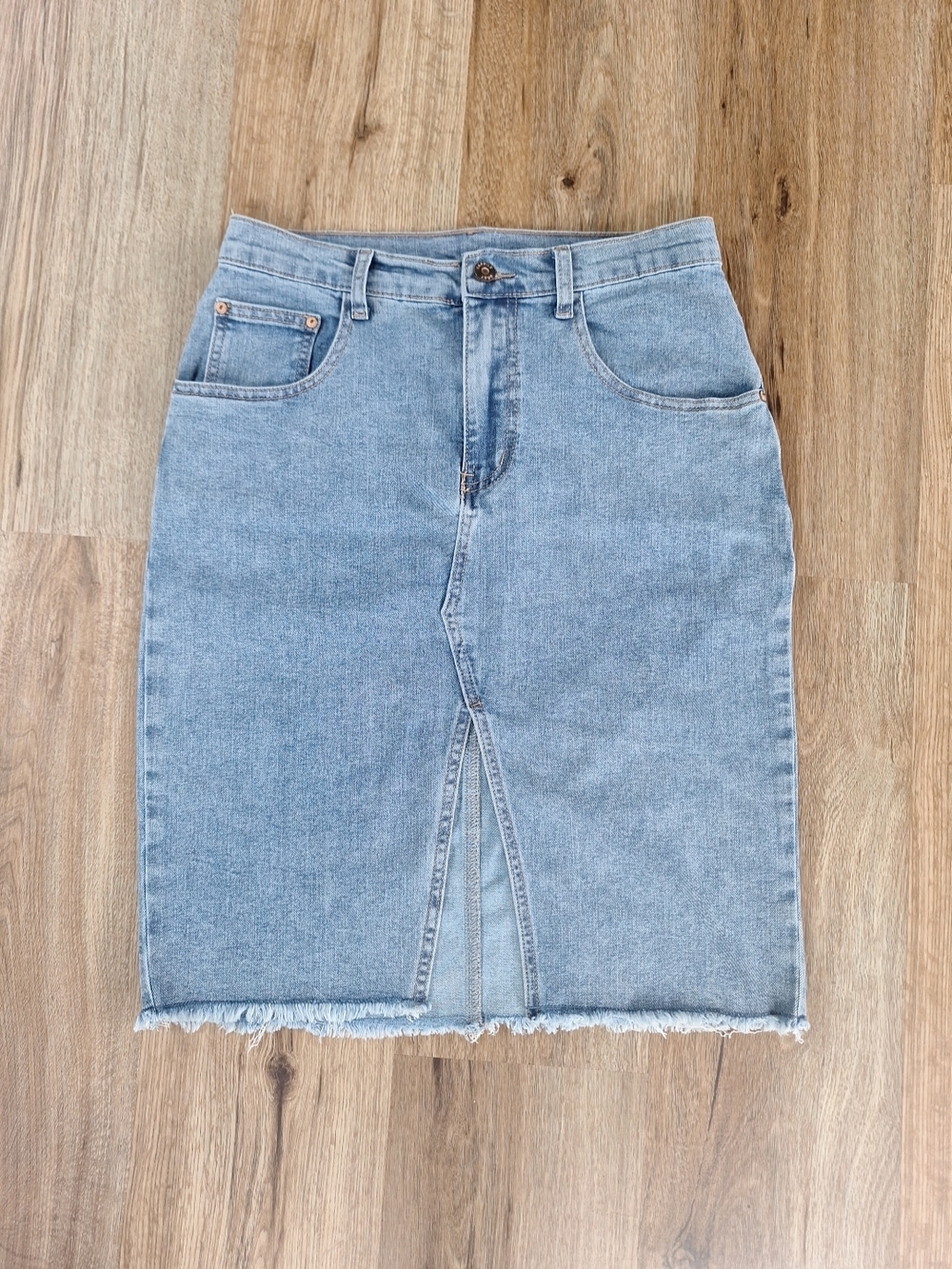 Light Blue Denim Midi Pencil Skirt with Front Slit